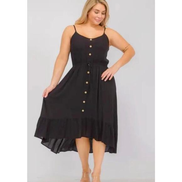 Black Button Front High-Low Ruffle Hem Midi Dress w/ Adjustable Straps Size S - Picture 1 of 5
